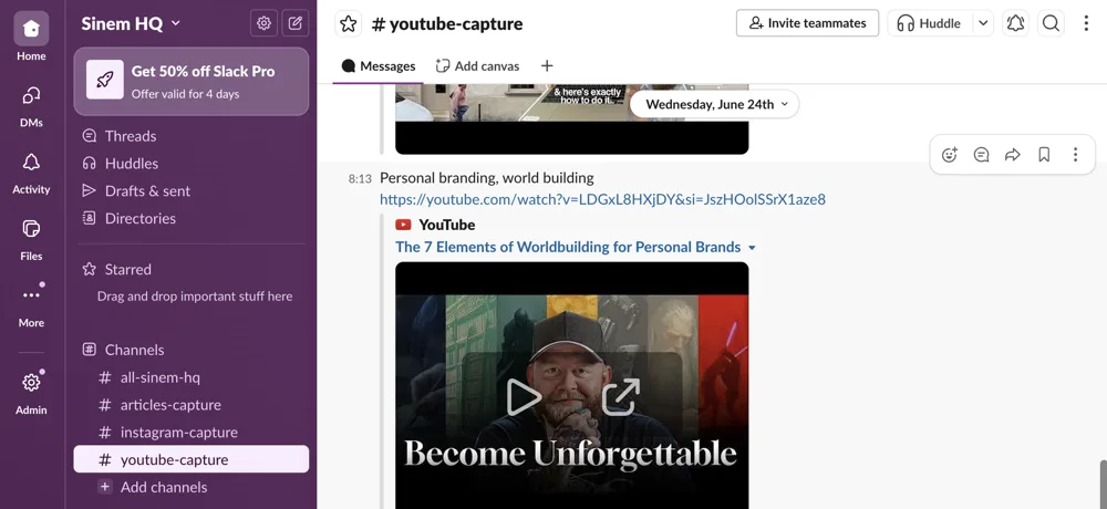 Slack capture channels feeding the Second Brain
